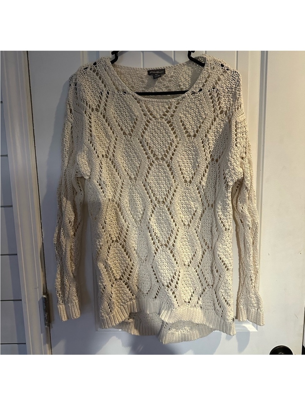 Eddie Bauer Cream Open Knit Cotton Sweater  M Coastal Grandma Cottagecore Boho - Picture 5 of 5